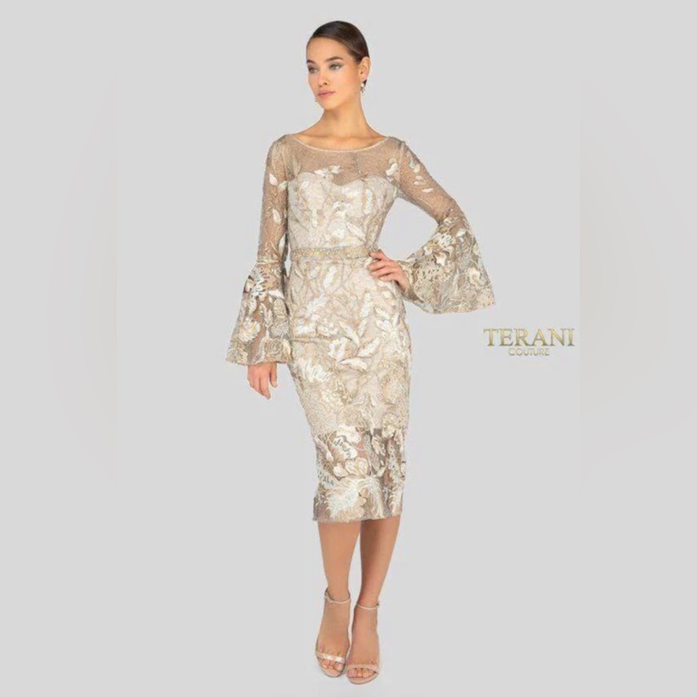 Terani Couture Champagne Gown with Gold Embroidery 1913C9065
